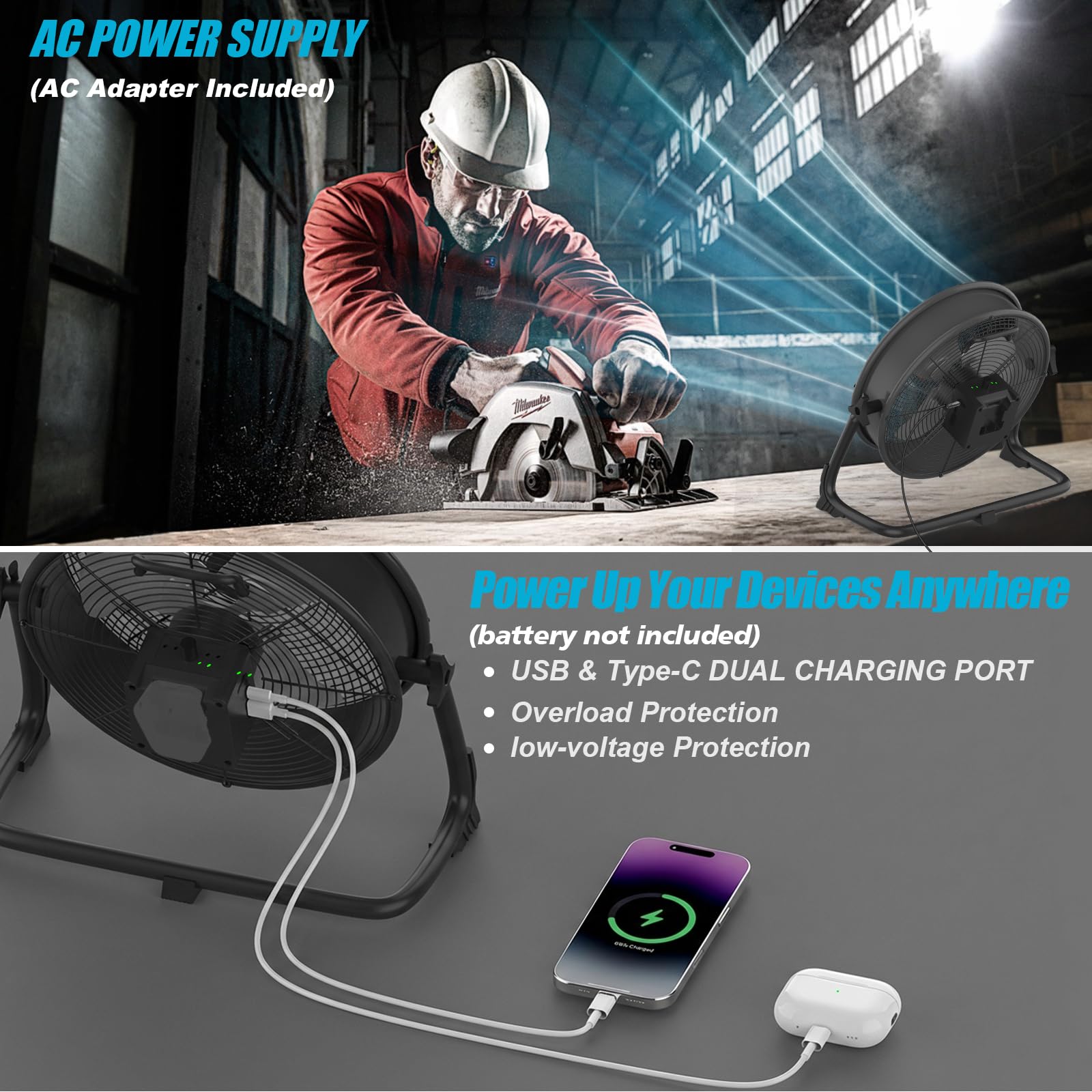 Amazon.co.jp: Makita18Vバッテリー用12インチ電池式フロアファン、AC